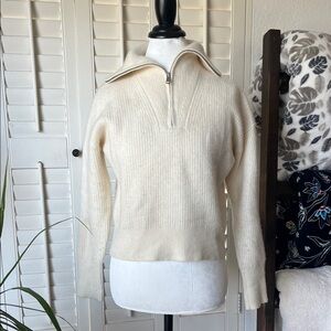 Cream Quarter-Zip Ribbed Cashmere Sweater